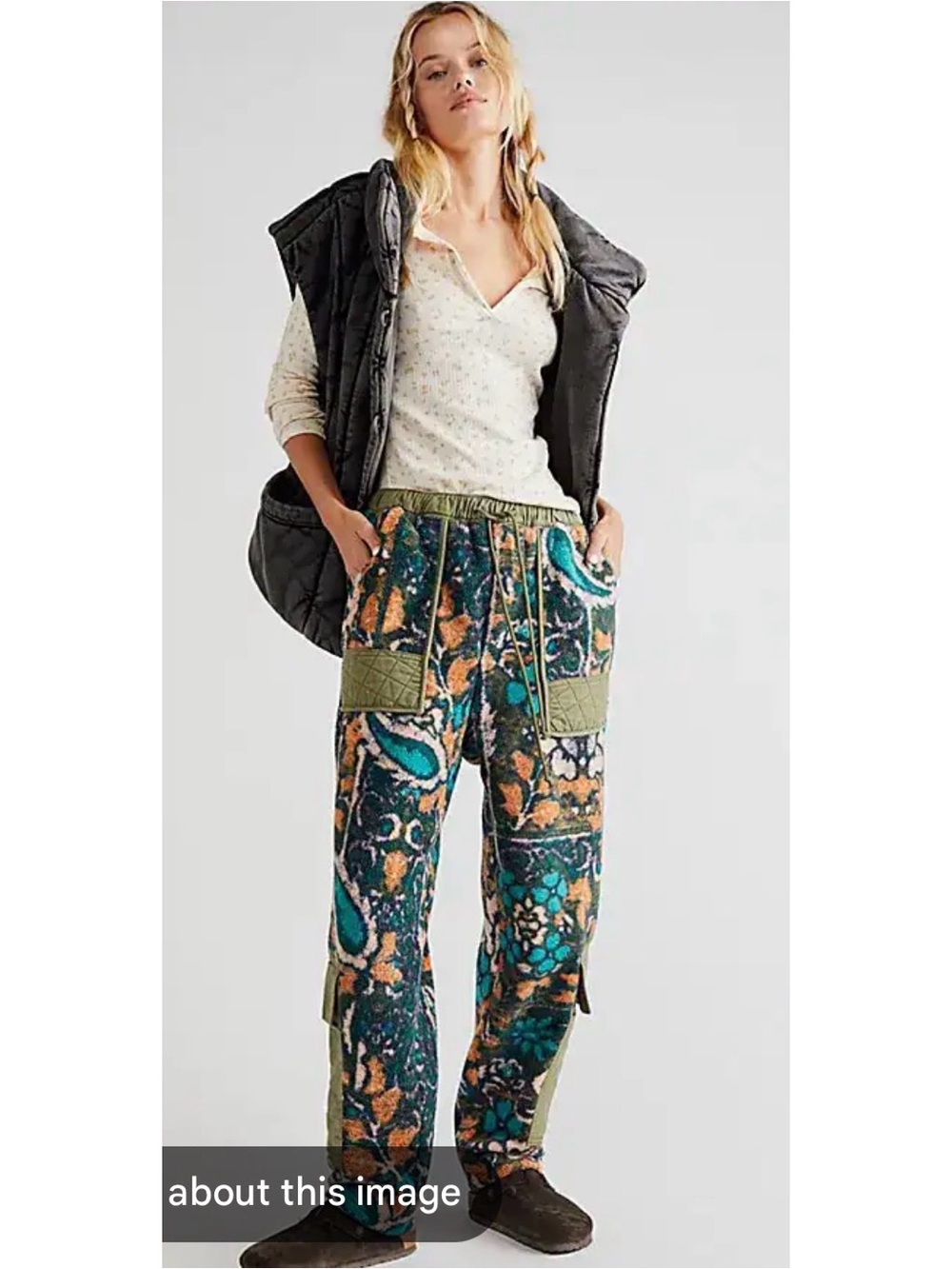 Patterned Floral Cargo Pants in Teal & Olive
